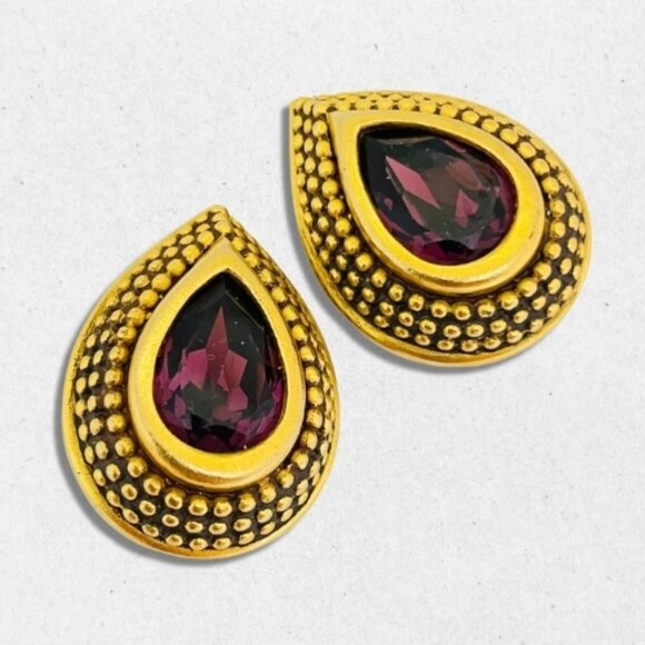 Vintage Teardrop Glass Earrings Clip on Style Comfortable Gold/Purple Women's OS - Picture 1 of 3
